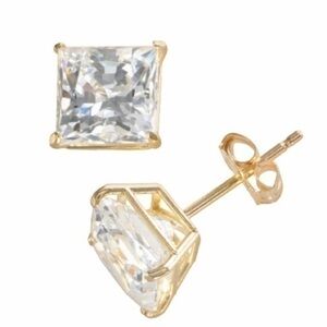 Renaissance 14k Yellow Gold CZ Stud Earrings Princess Cut